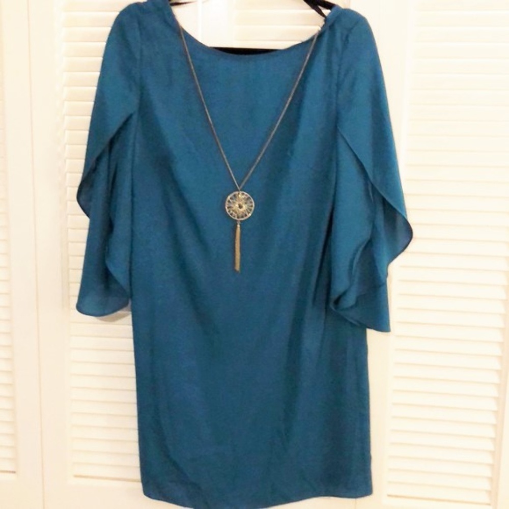 AB Studio Shift Dress with Gold Pendant Necklace